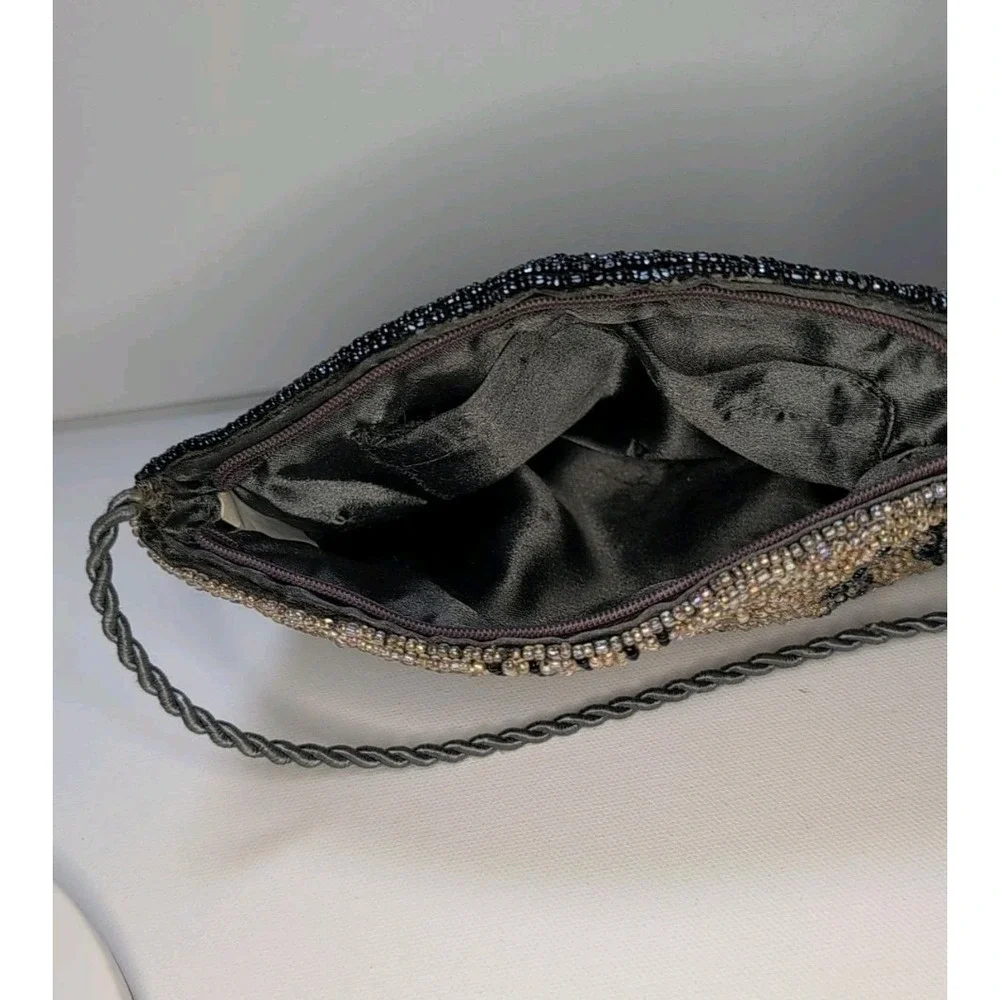 Fabulous Vintage Hand Beaded Purse Evening Bag Satin Lined Rope Strap Beautiful